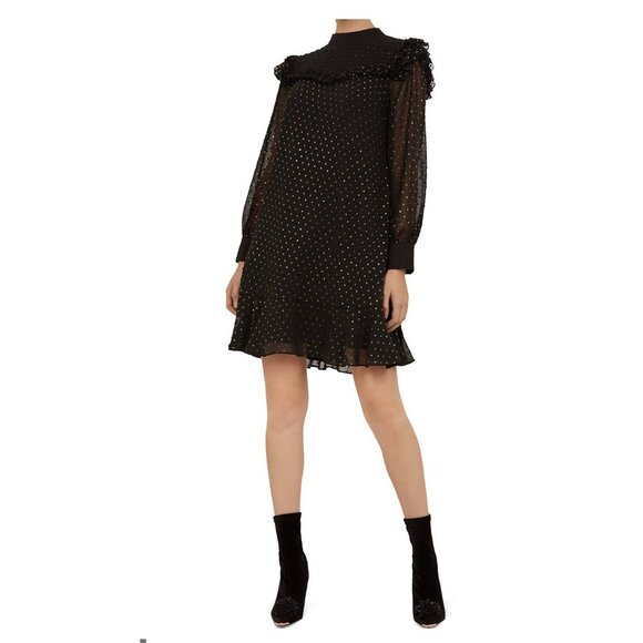 Ted Baker Black Gold Joyous High Neck Ruffle Mini Dress Sz 0 XS Holiday Party - Picture 2 of 9